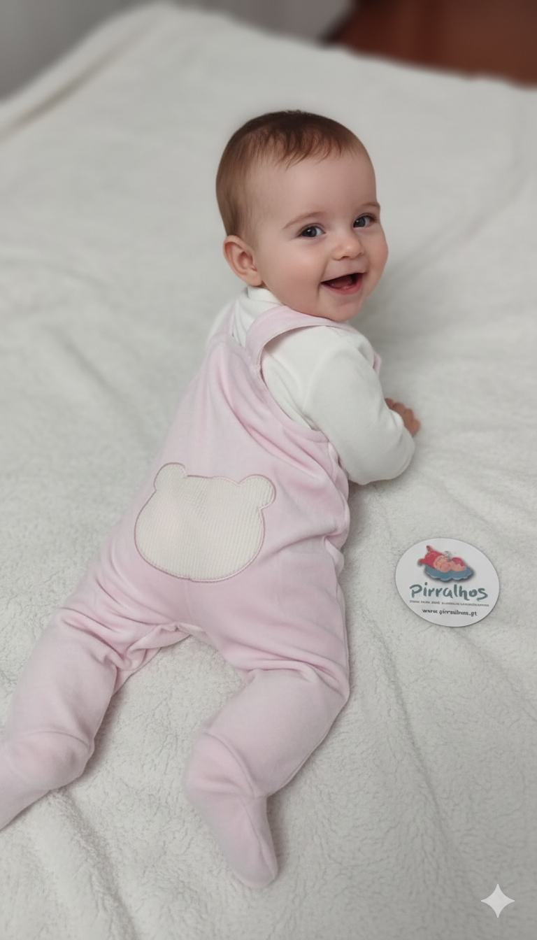Bebé com macacão rosa e camisa branca deitado em superfície branca junto a botão com texto