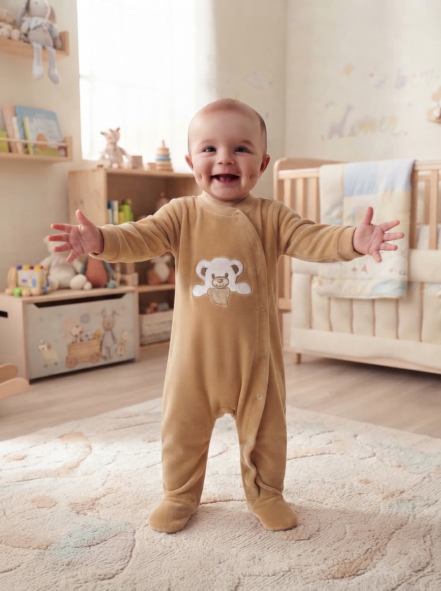 Bebé com macacão castanho claro com padrão de urso em quarto infantil