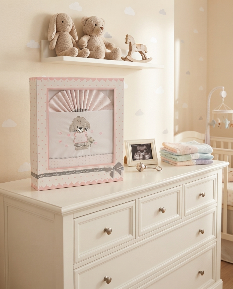 Cômoda branca com caixa rosa de roupa de bebé, peluches e cavalo de madeira numa prateleira, moldura com ultrassom e fraldas empilhadas