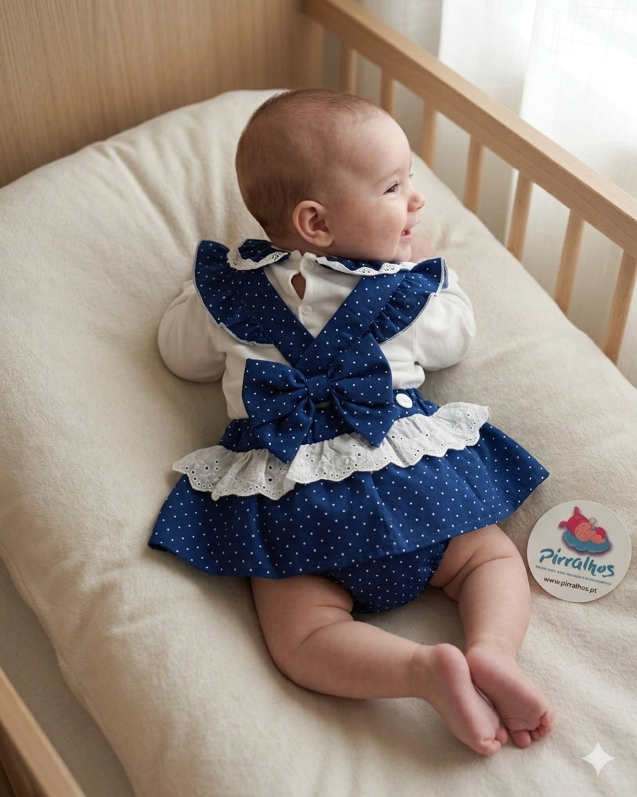 Bebé deitado de bruços com vestido azul de bolinhas brancas e laço