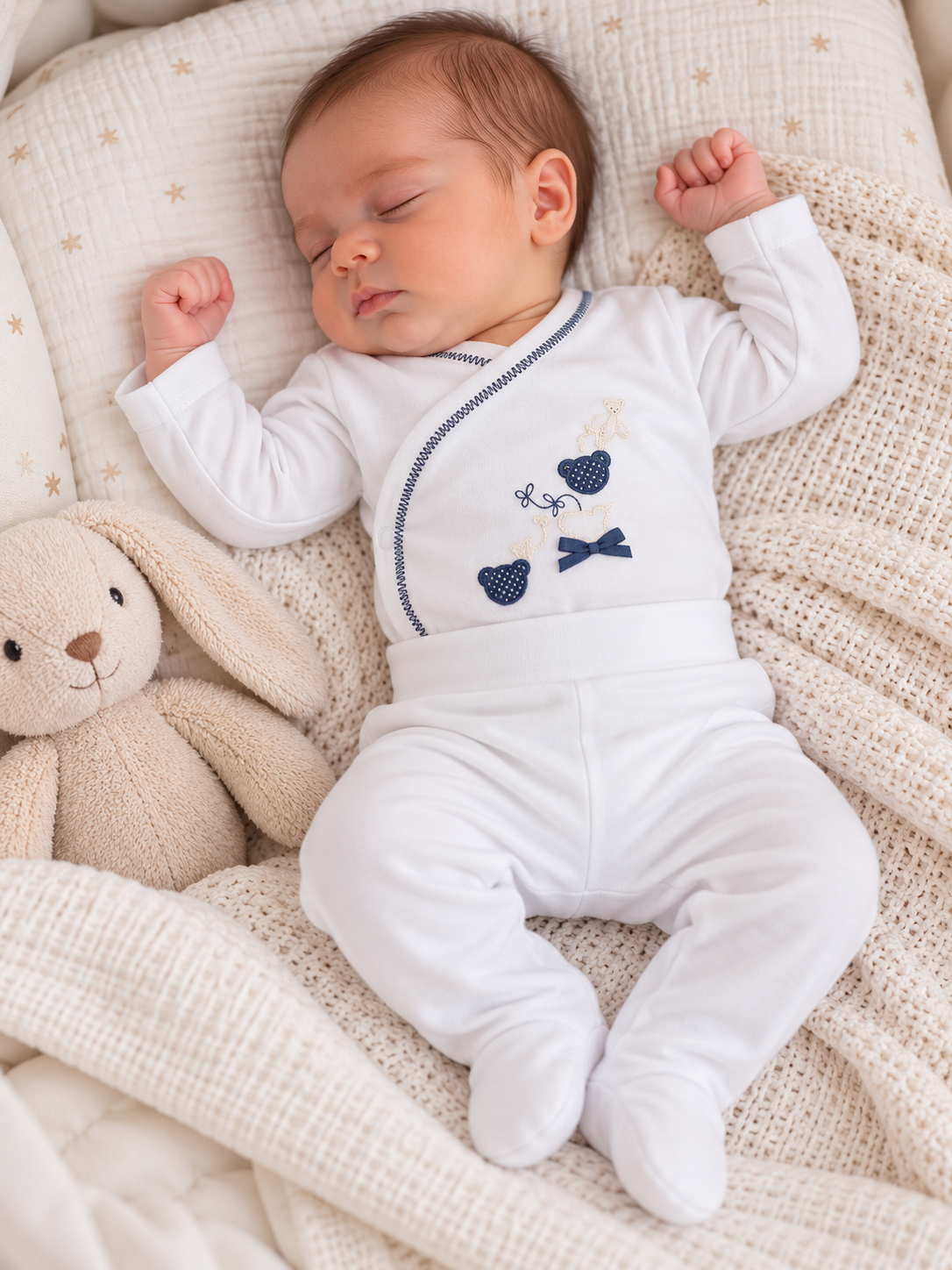 Bebé a dormir com fato branco bordado e peluche ao lado
