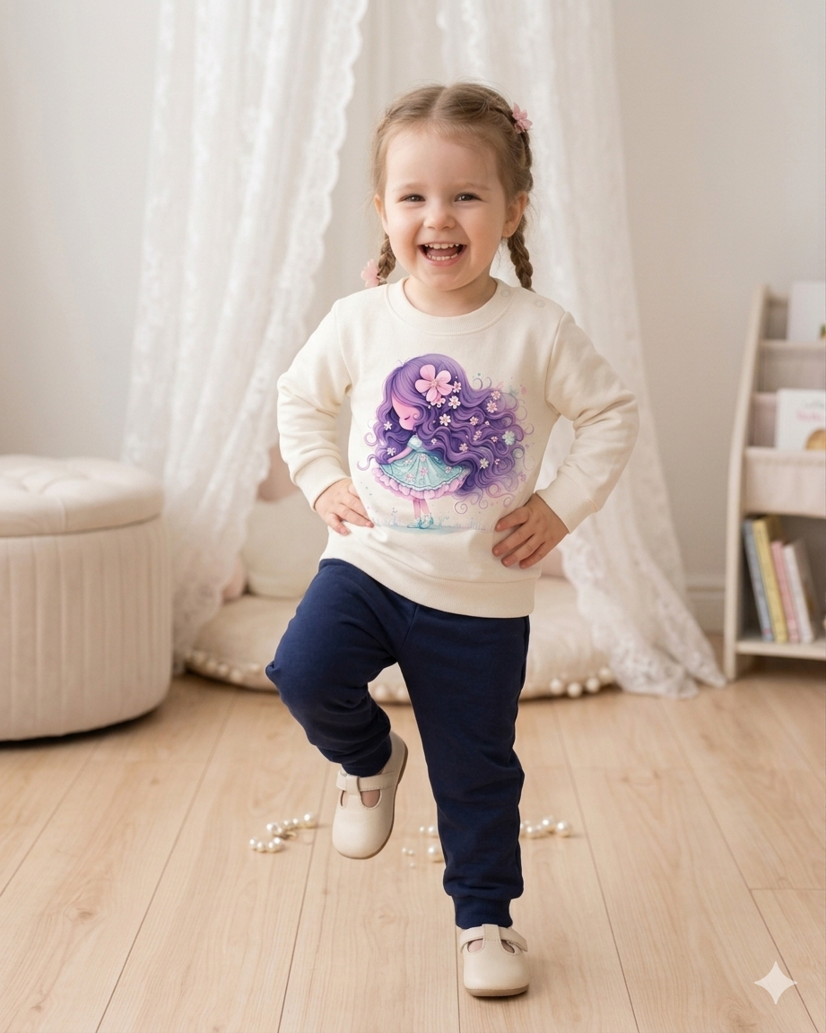 Menina sorridente com camisola creme estampada, calças azul-escuro e sapatos beges em quarto claro com chão de madeira