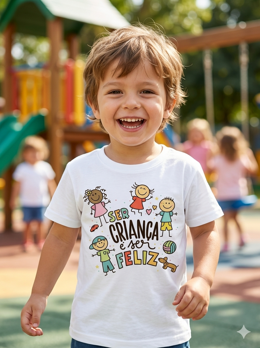 Camisola branca infantil com desenho e texto colorido
