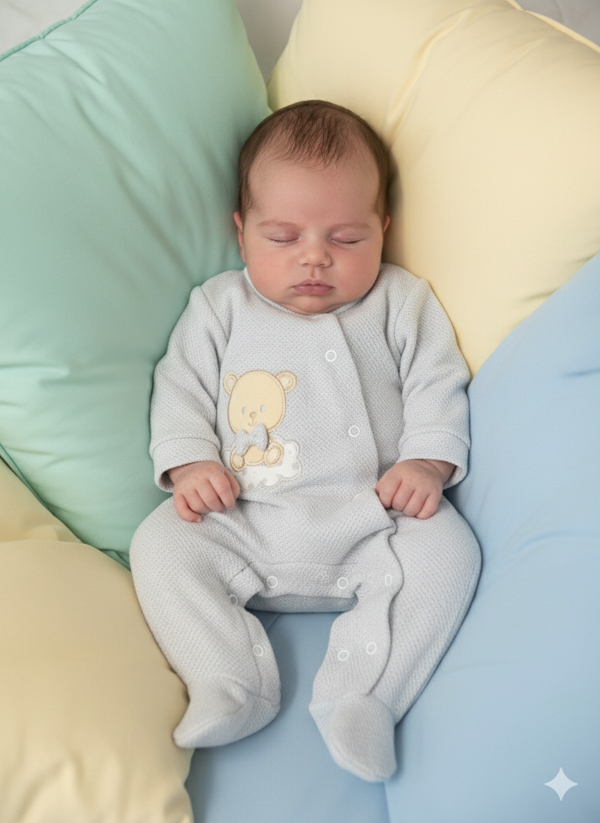 Bebé de pijama cinzento com ursinho entre almofadas coloridas