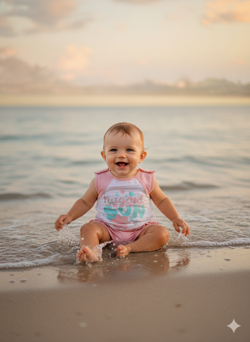 Bebé com fato de banho rosa e branco sentado na areia junto ao mar.