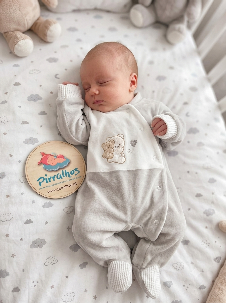 Bebé a dormir com pijama cinzento e branco e placa de madeira com logo Pirralhos