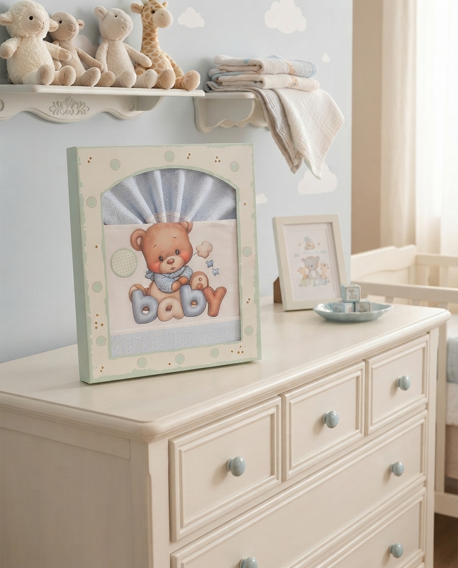 Comoda branca com ursinho em caixa decorativa e peluches em prateleira