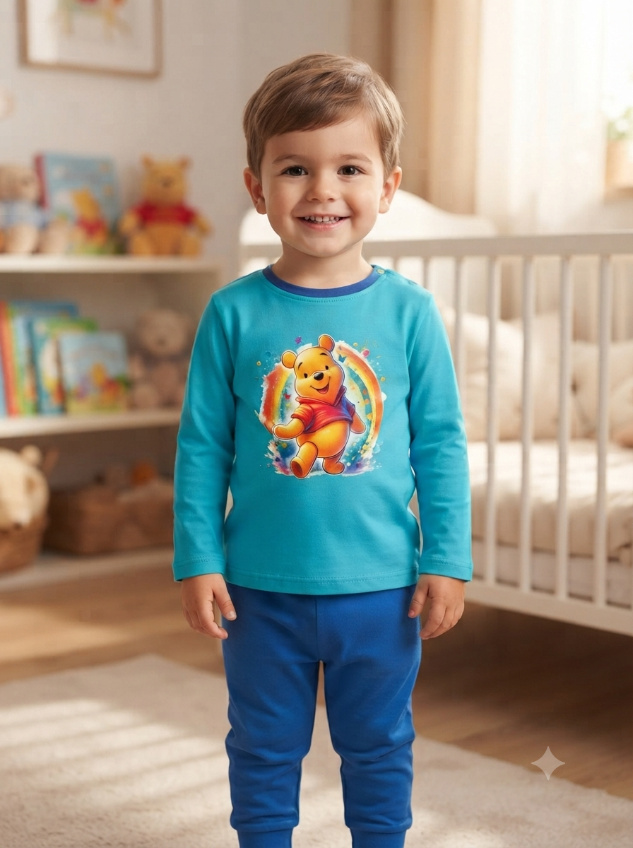 Menino a vestir pijama azul com estampa do Ursinho Pooh