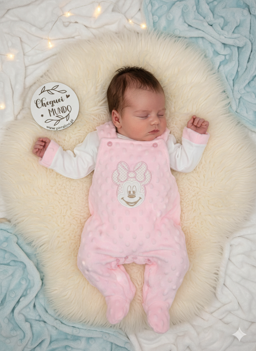 Bebé vestido com macacão rosa de bolinhas e personagem, deitado sobre almofada felpuda com mantas coloridas