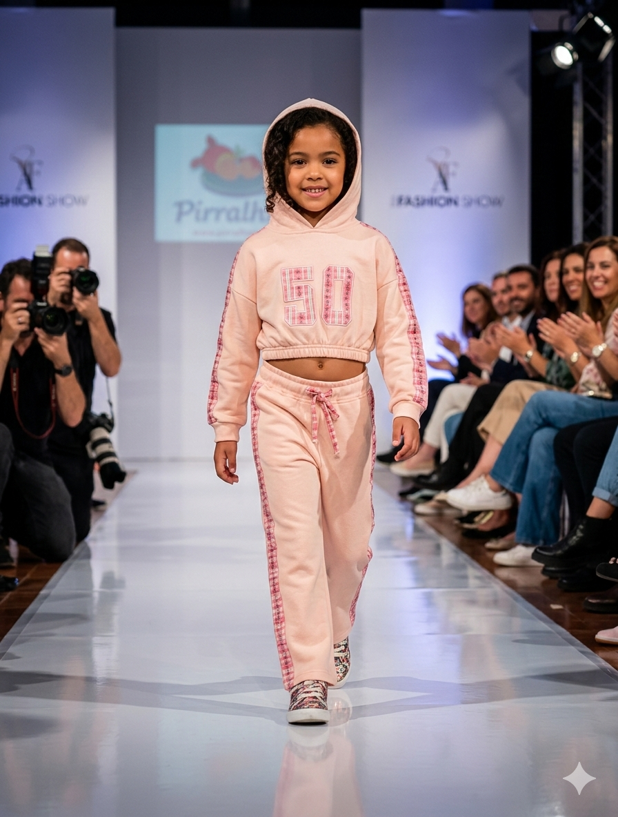 Conjunto desportivo infantil cor-de-rosa com capuz e número 50, desfilando em passerelle