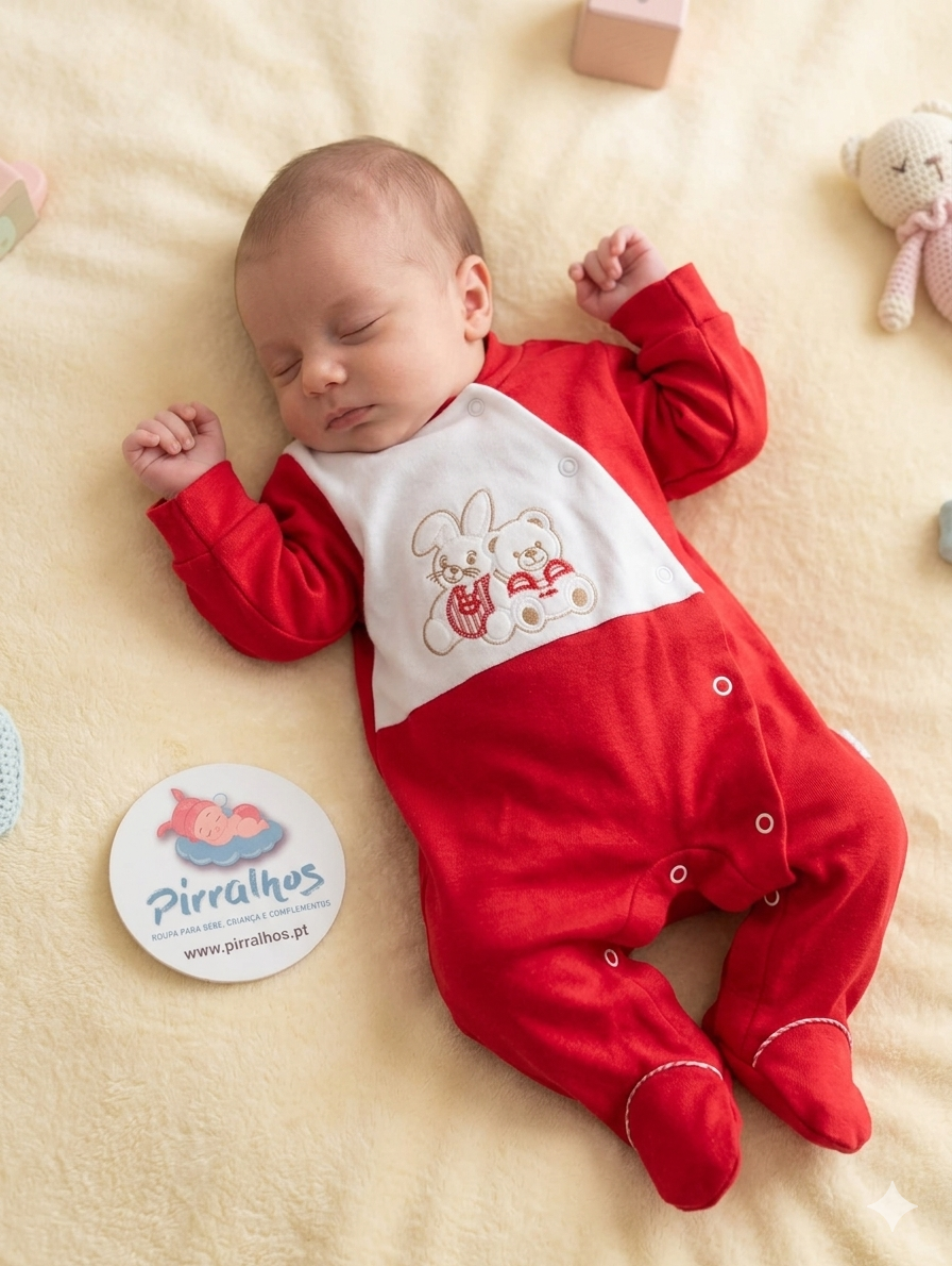 Bebé deitado com macacão vermelho e branco bordado, ao lado logótipo Pirralhos.