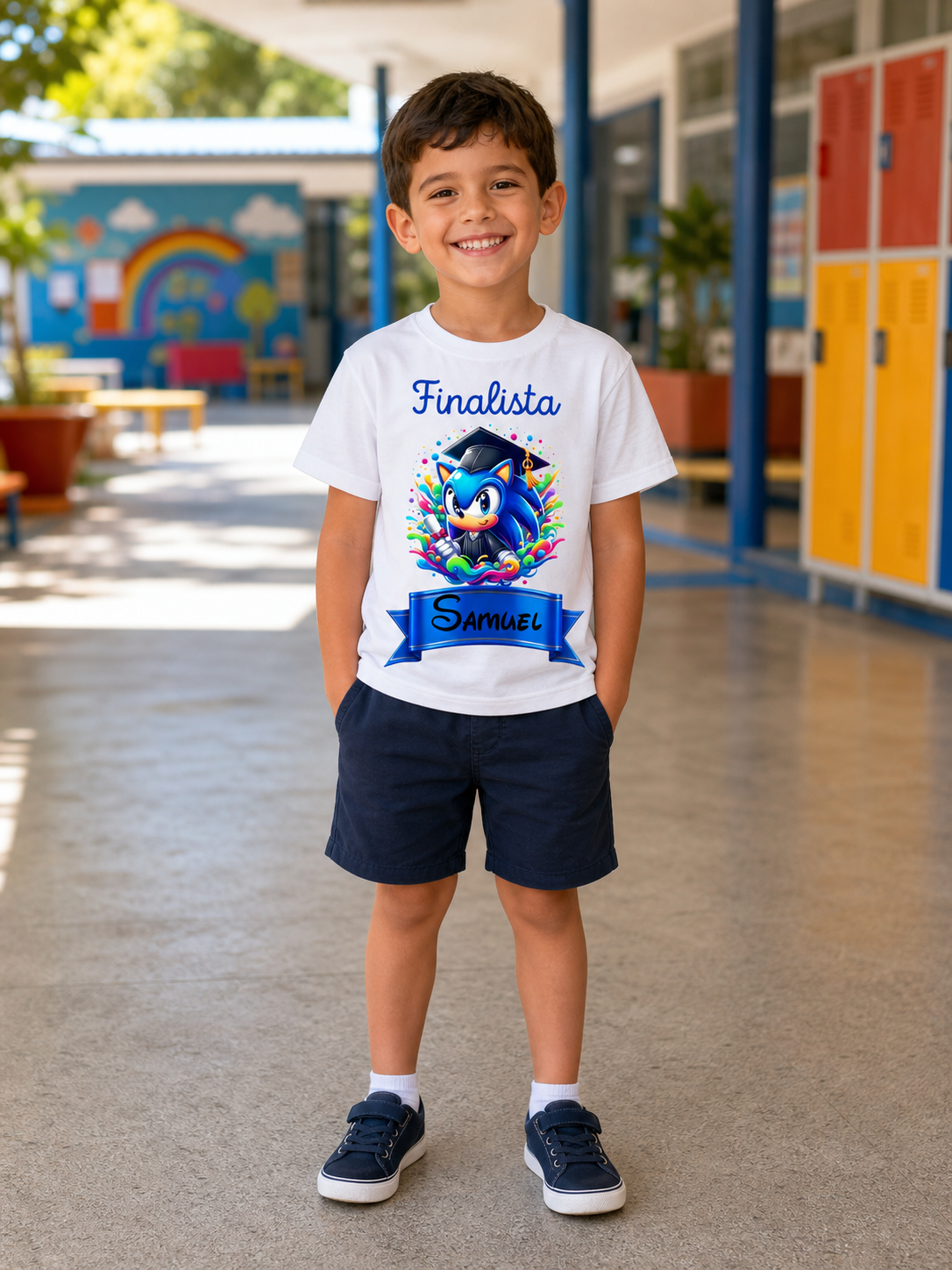 Camisola branca com estampado de Sonic e texto Finalista Samuel em ambiente escolar
