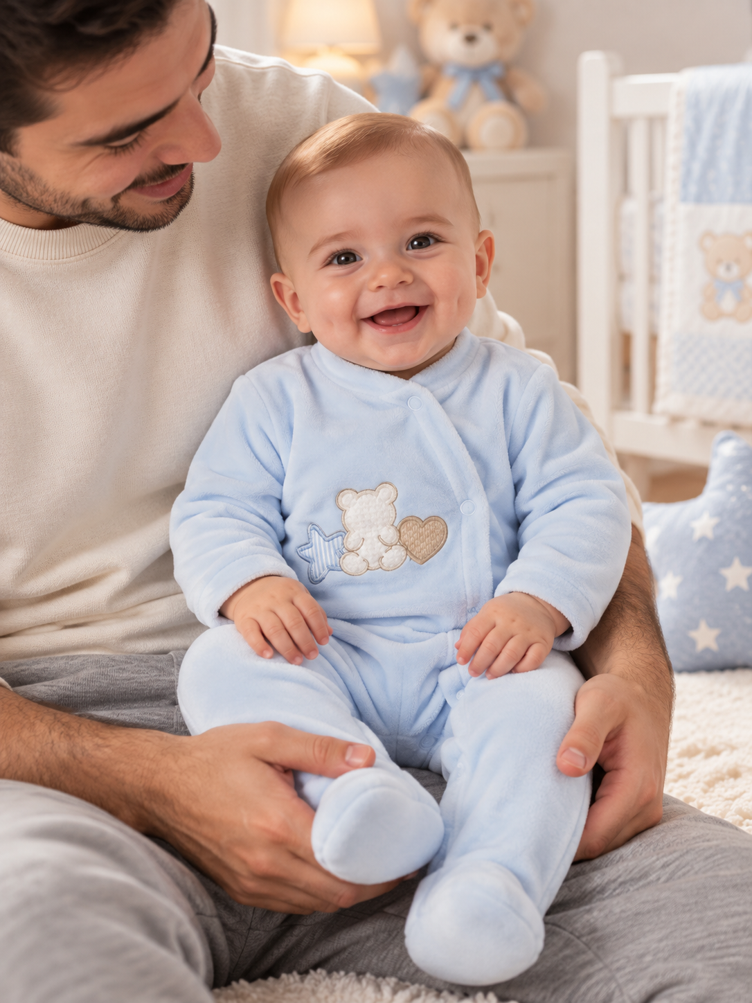 Bebé sorridente com macacão azul claro com ursinho bordado no colo do pai