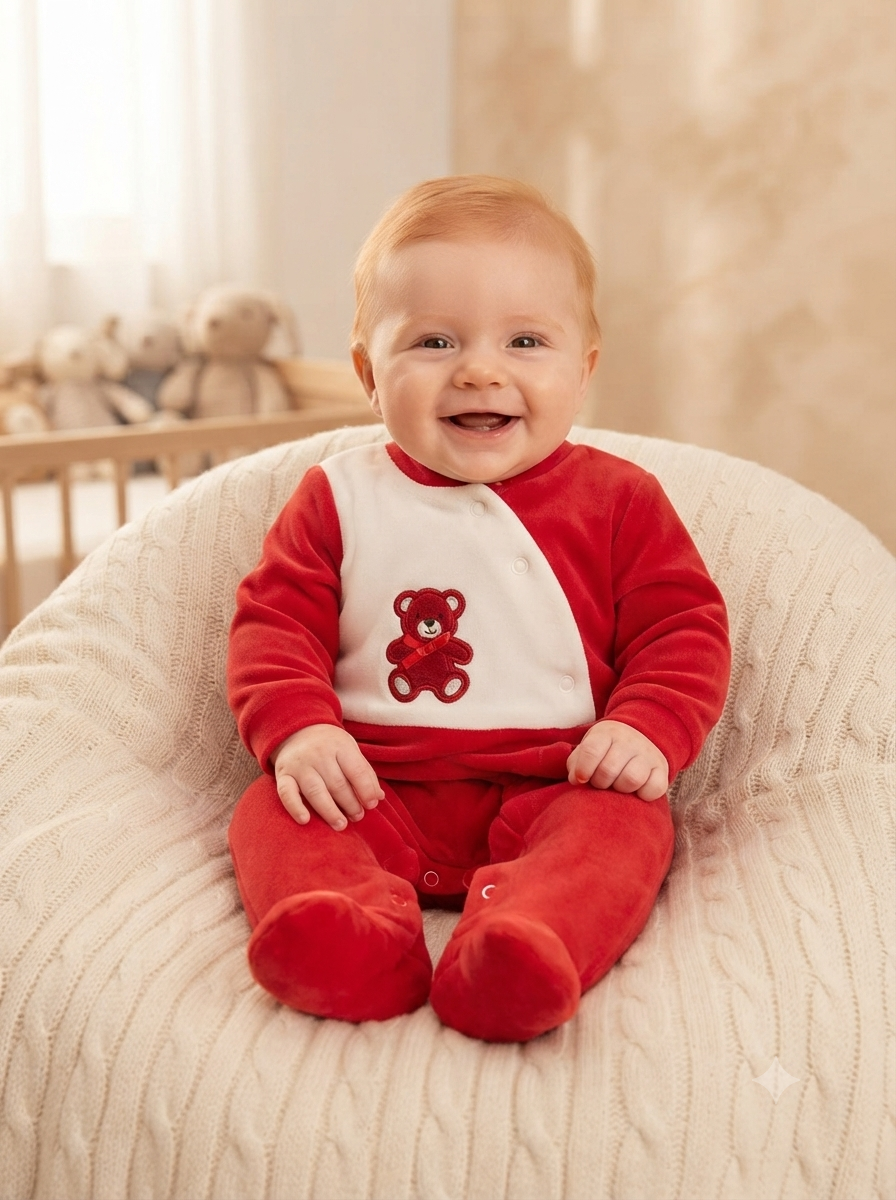 Bebé sorridente com macacão vermelho e branco com ursinho bordado sentado em almofada tricotada bege