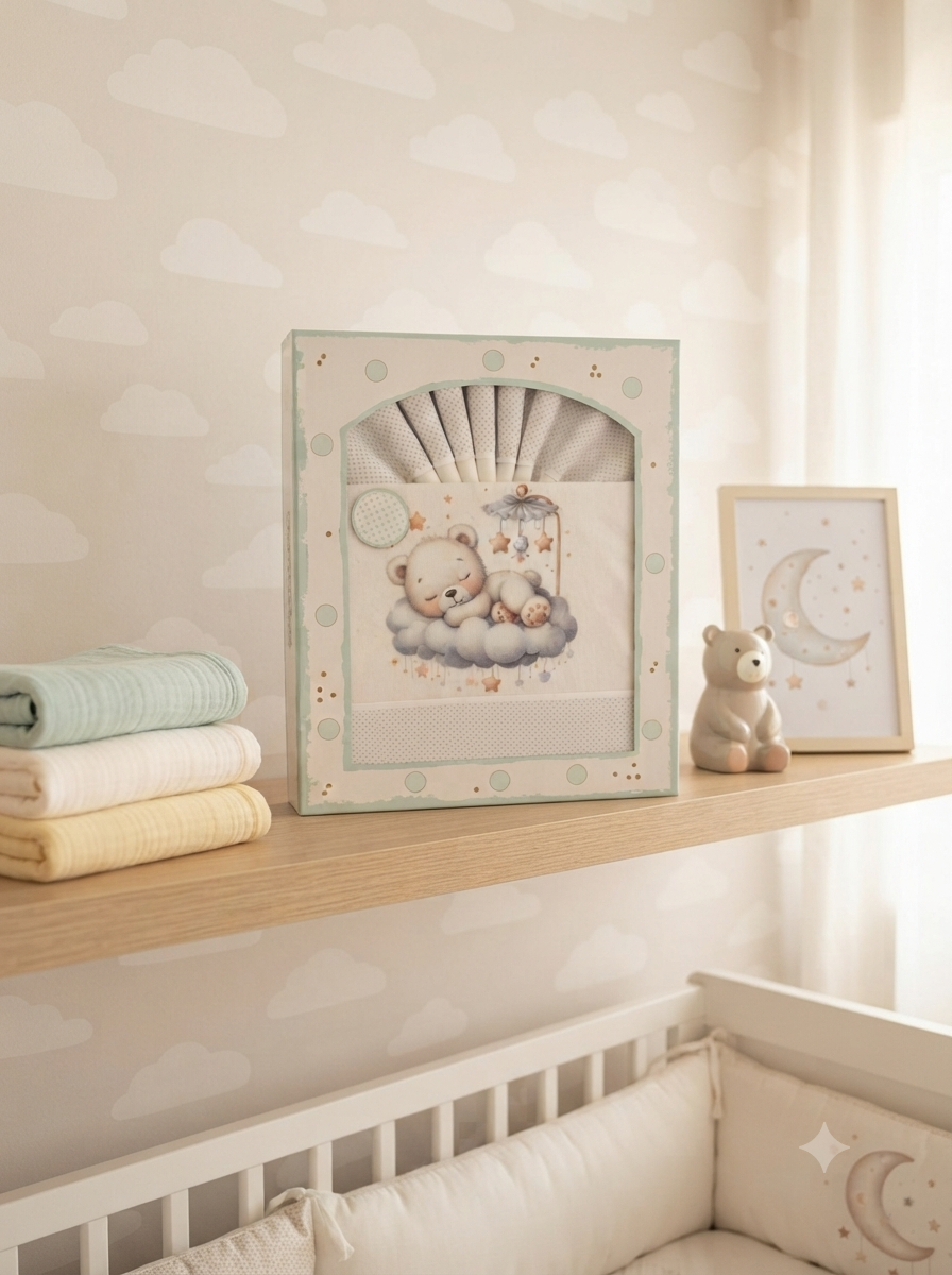 Prateleira com tecidos pastel, caixa decorativa com ursinho em nuvem e moldura da lua, em quarto infantil