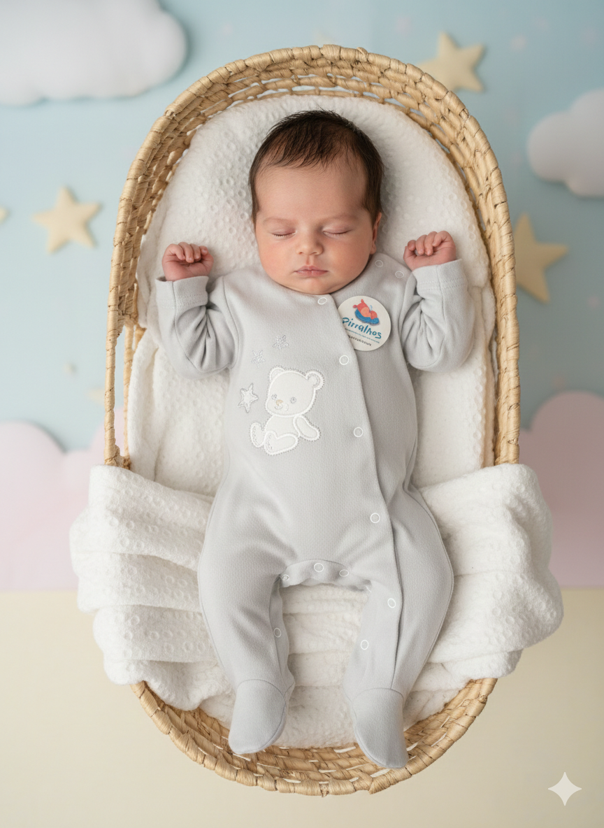 Bebé de pijama cinzento com urso bordado numa cesta de vime com manta branca e fundo azul com nuvens