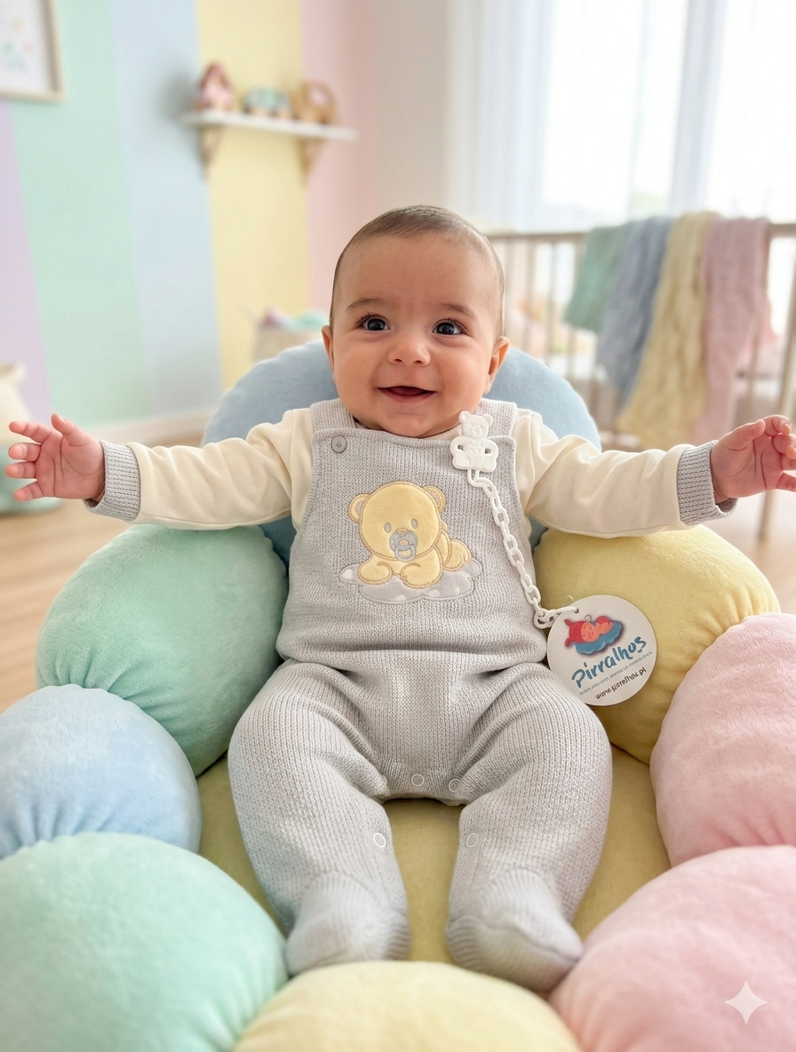 Bebé sorridente com macacão cinzento e almofadas coloridas