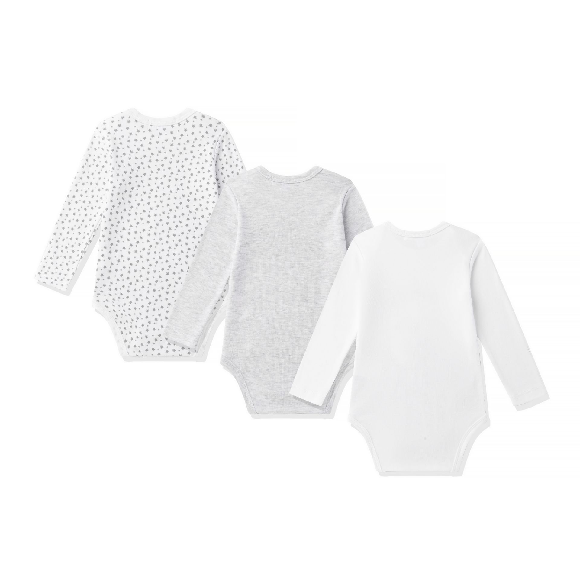 Três bodies de manga comprida para bebé em branco, cinza e branco com padrão preto