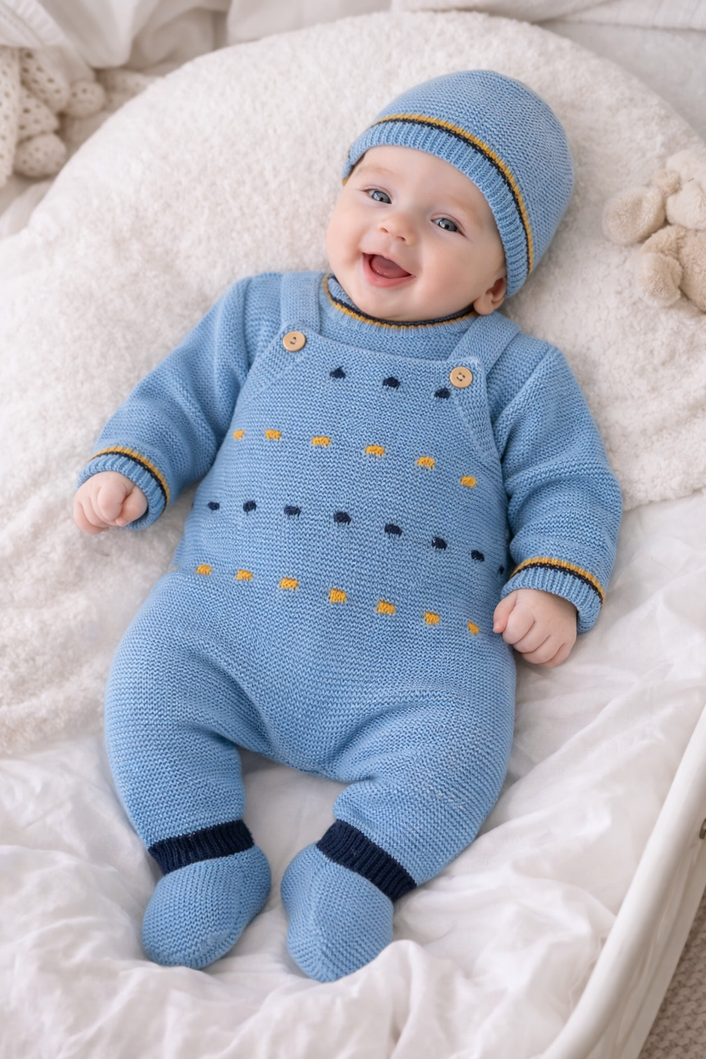 Bebé sorridente com macacão e gorro de malha azul com detalhes amarelos e azuis