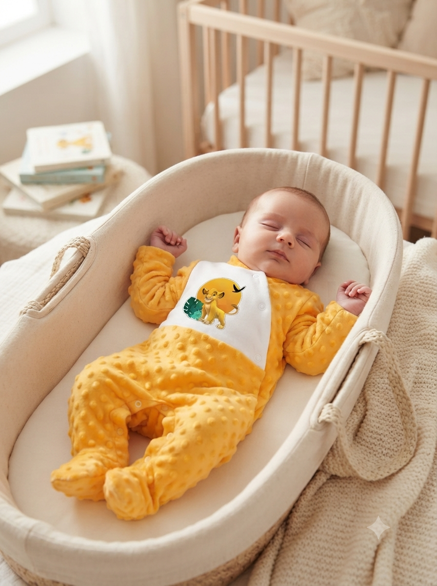 Bebé adormecido em roupinha amarela com estampado de leão numa almofada oval creme