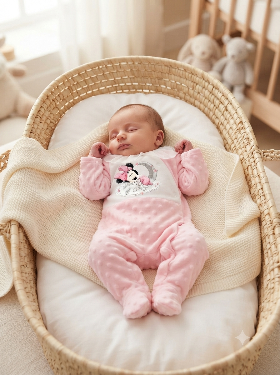 Bebé a dormir numa cesta de vime com fato rosa e branco com bordado da Minnie Mouse
