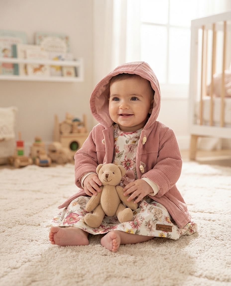 Bebé com casaco rosa e vestido floral segurando ursinho de peluche