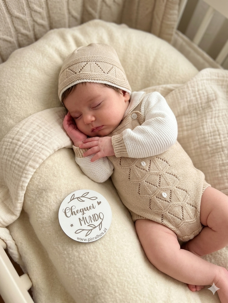 Bebé a dormir com roupa de malha bege e branca num berço com almofada creme e placa decorativa.