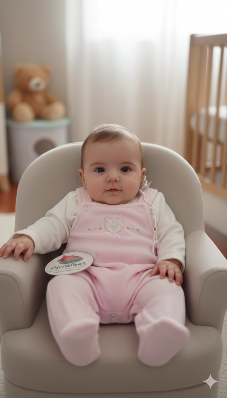 Bebé com roupa rosa sentada numa cadeira creme com ursinho e etiqueta Pirralhes