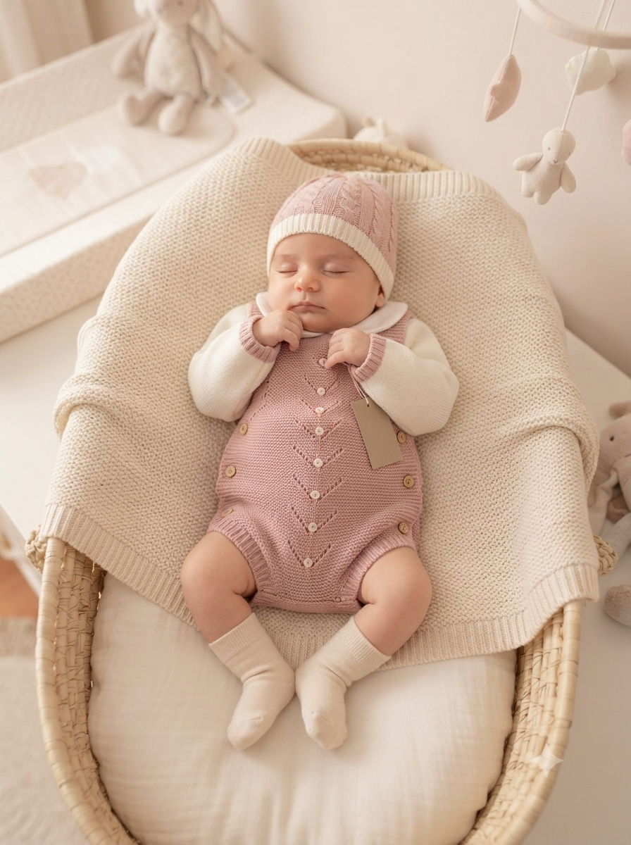 Bebé com macacão rosa e gorro de malha a dormir numa cesta com manta creme.
