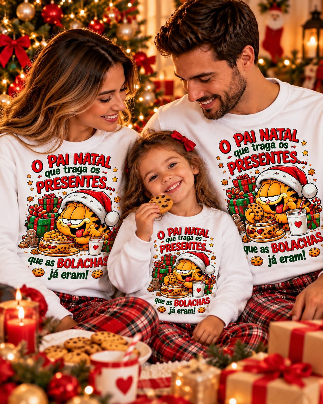 Família com camisolas de Natal brancas com estampa de Garfield e mensagem divertida junto a árvore de Natal decorada.
