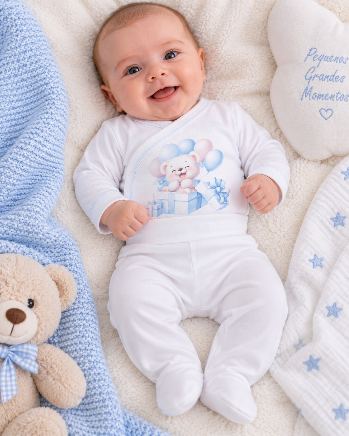 Bebé sorridente com roupa branca e manta azul