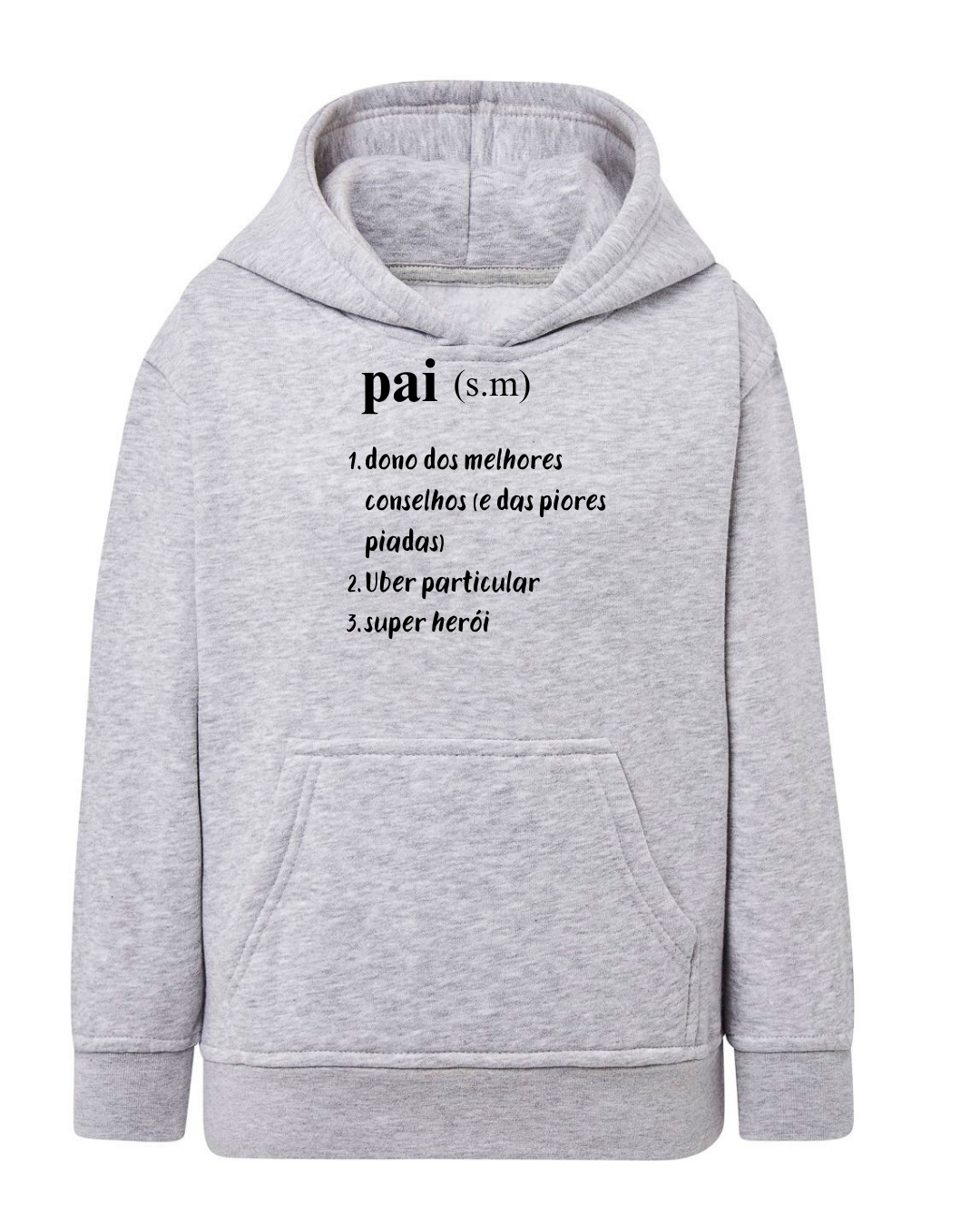 Sweatshirt cinzenta clara com capuz e texto preto impresso frontal