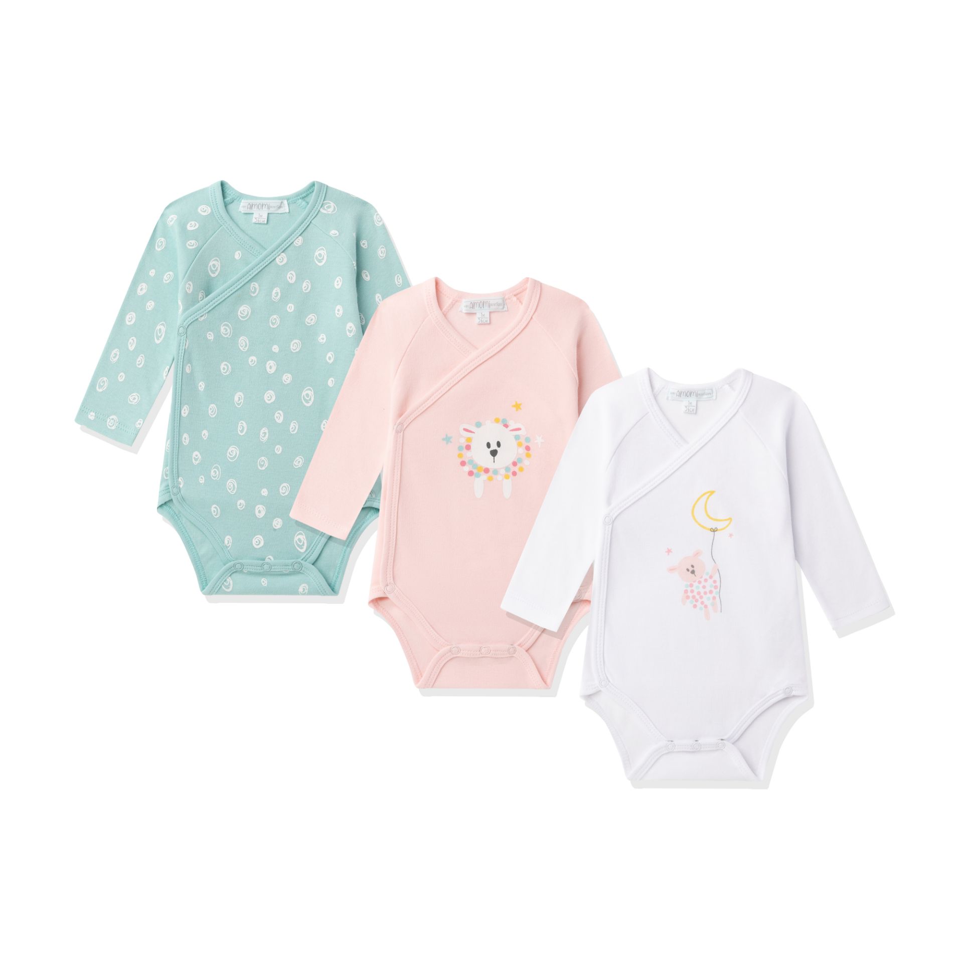 Três bodies de bebé manga comprida em algodão com padrões e desenhos coloridos