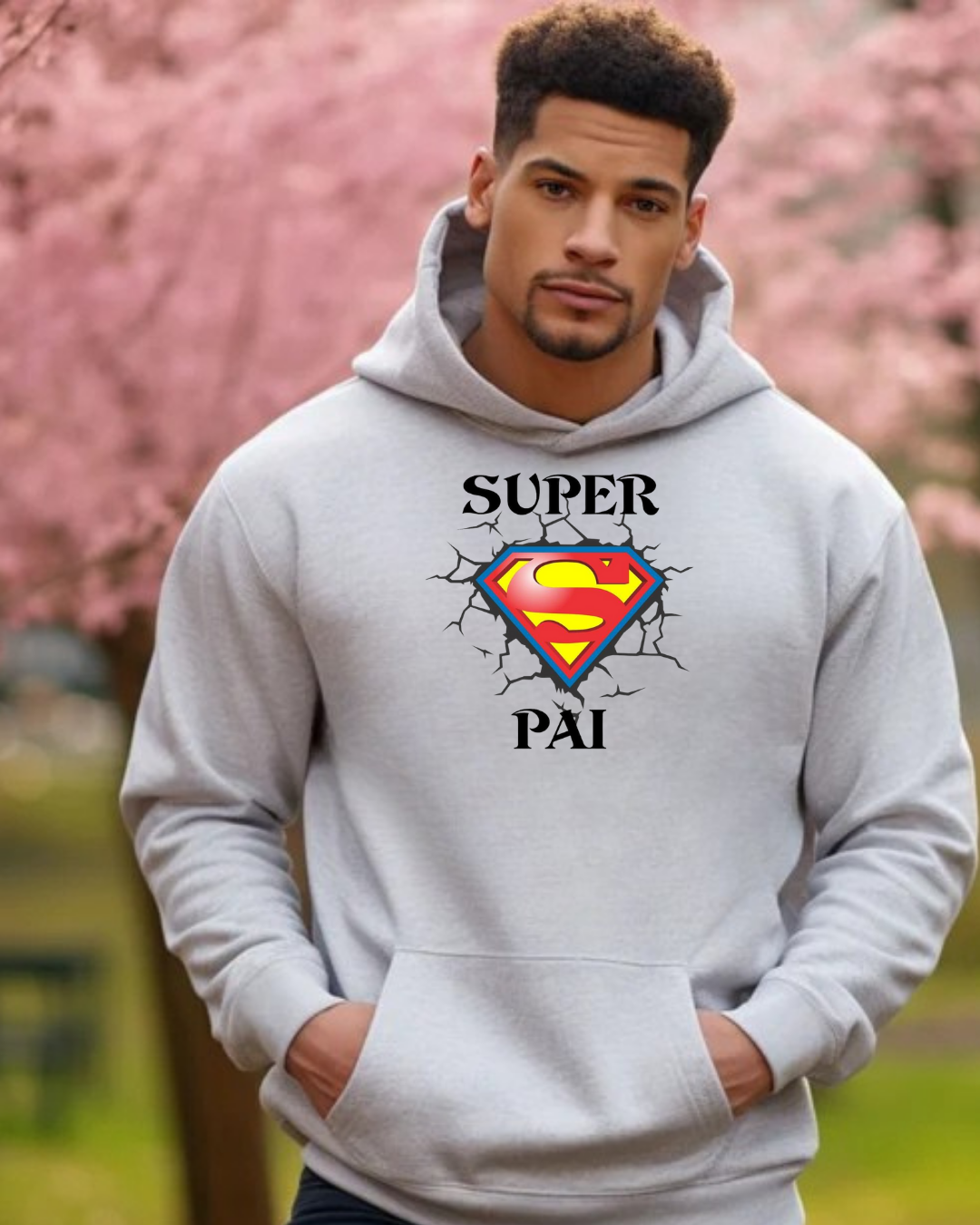 Homem com sweatshirt cinzenta com capuz e logótipo Superman com texto 'SUPER PAI'