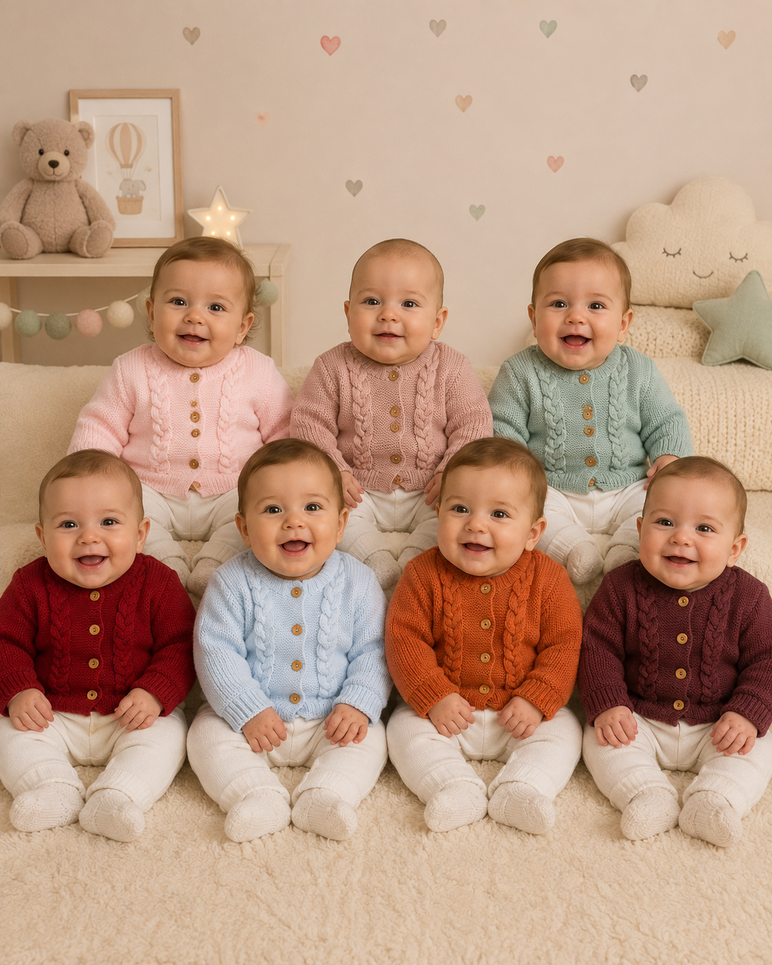 Oito bebés com camisolas de malha coloridas sentados num ambiente decorado com peluches e almofadas.