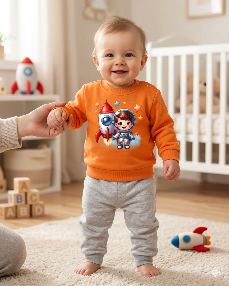 Bebé a usar roupa infantil com temática espacial, em quarto de bebé acolhedor.
