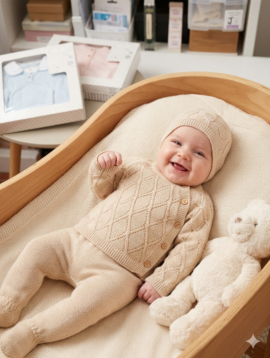 Bebé deitado em cama de madeira com roupa de malha bege e urso de peluche