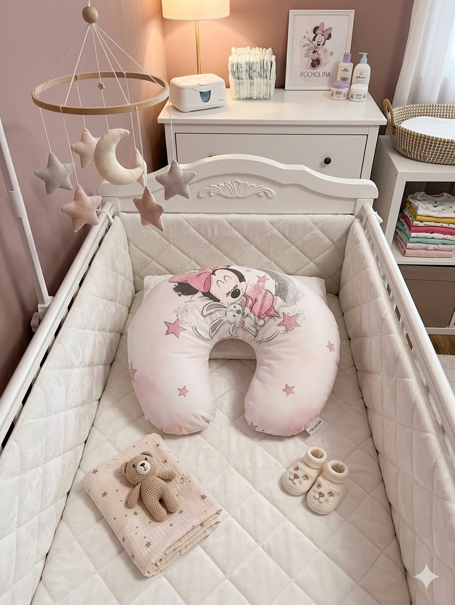 Berço branco com almofada Minnie cor-de-rosa e móbile de estrelas e lua em quarto de bebé