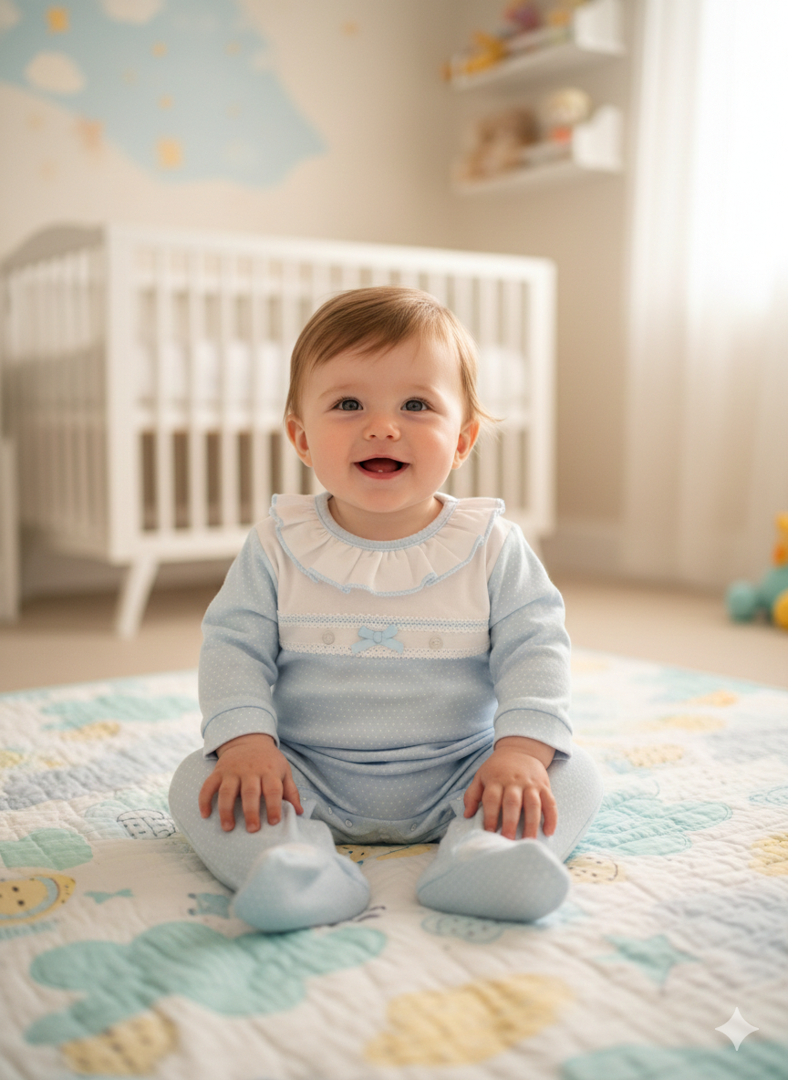 Bebé sentado em tapete com padrões azul, amarelo e verde, roupa azul clara com folhos brancos, berço branco ao fundo