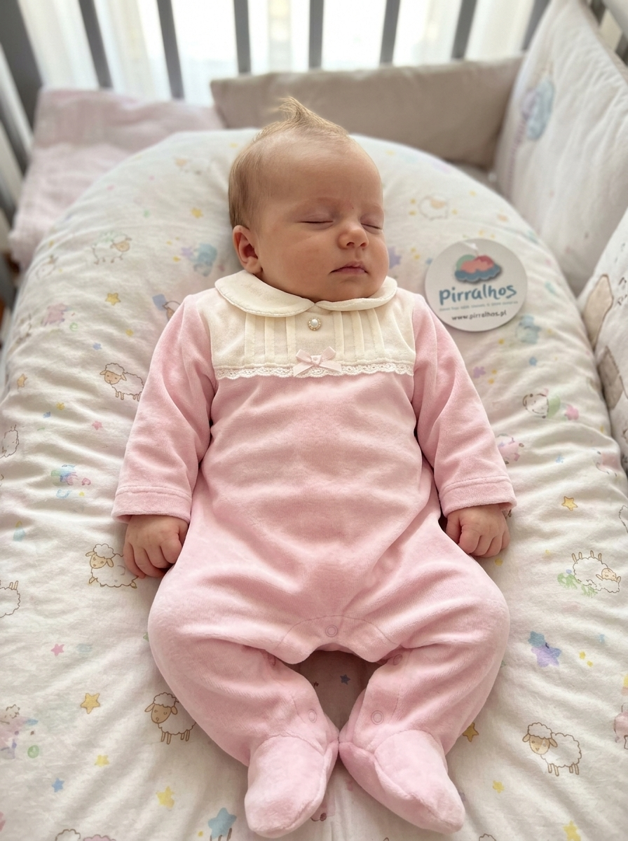 Bebé vestido com fato de corpo rosa com golinha branca a dormir numa almofada com padrão de ovelhas.