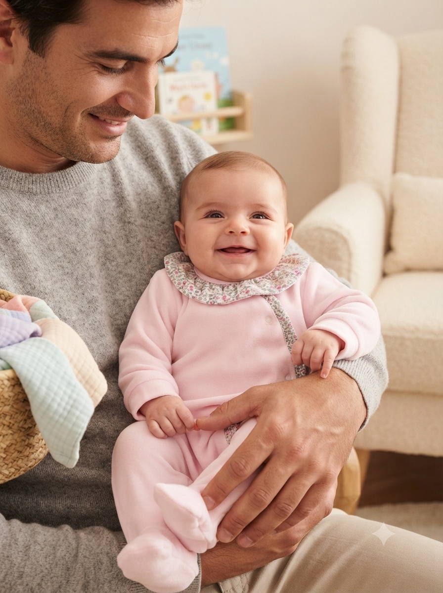 Bebé vestido de rosa com gola floral, sorridente no colo de um adulto num ambiente de casa
