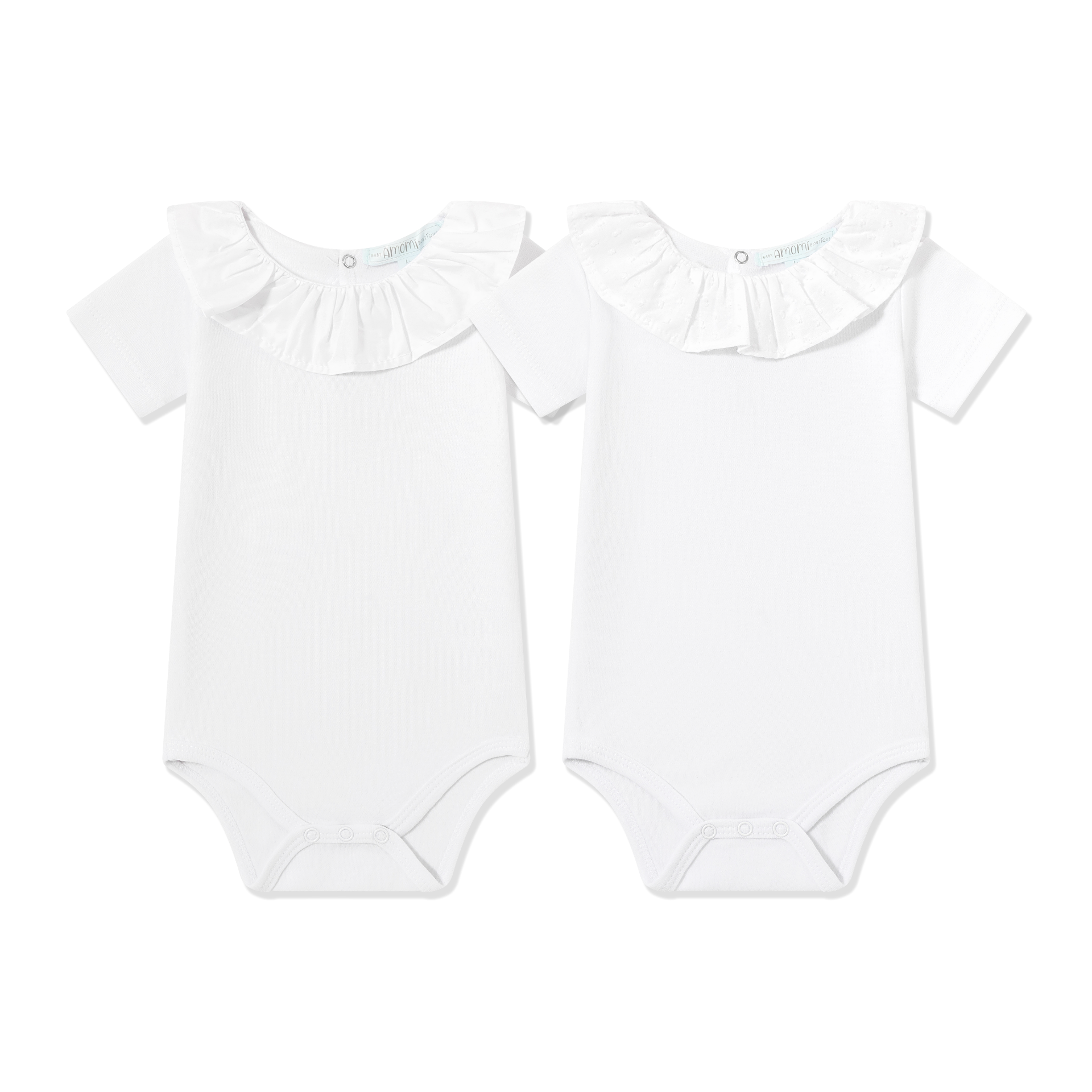 Dois bodies de bebé brancos com gola franzida