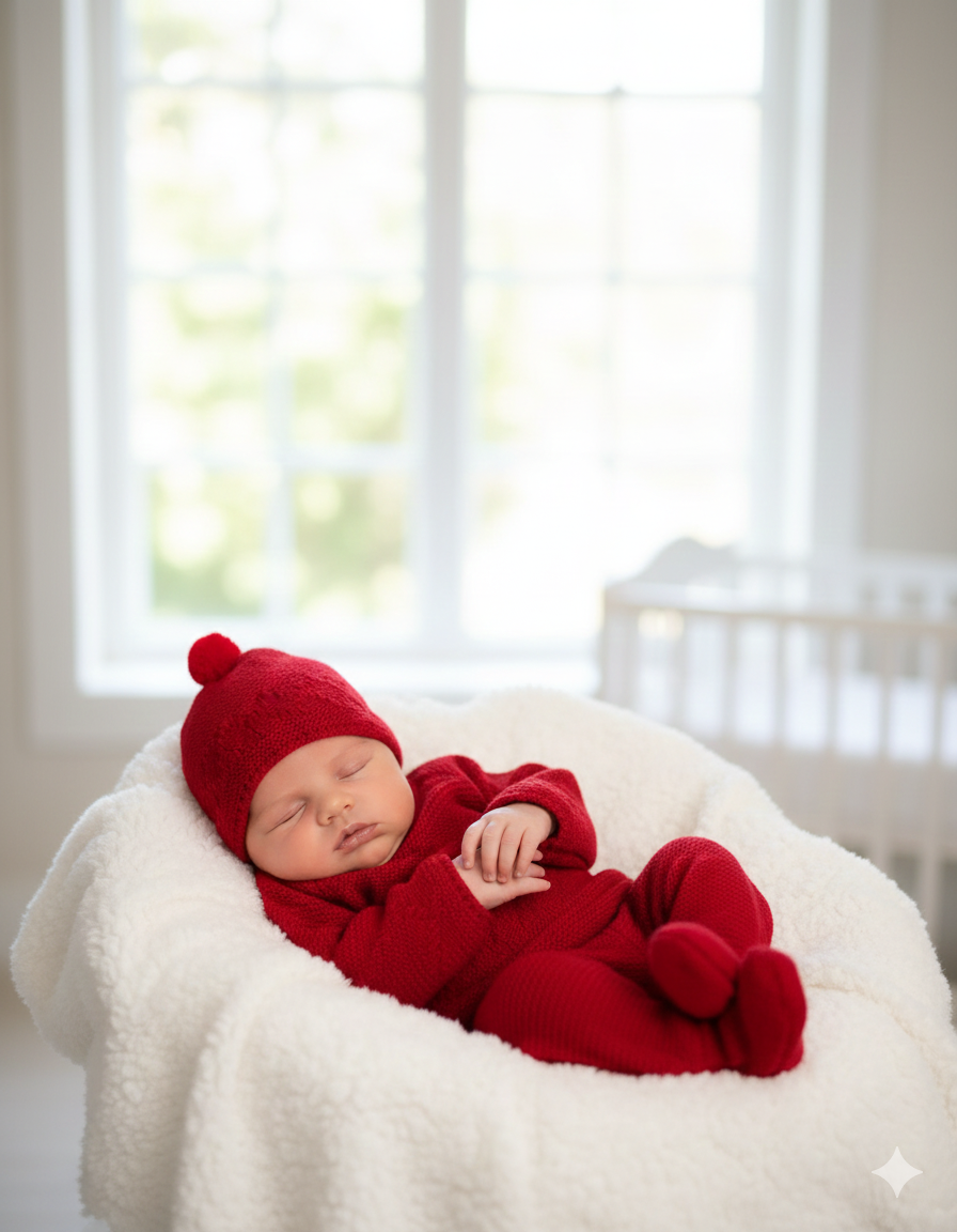 Bebé a dormir com fato vermelho e gorro com pompom numa manta branca felpuda
