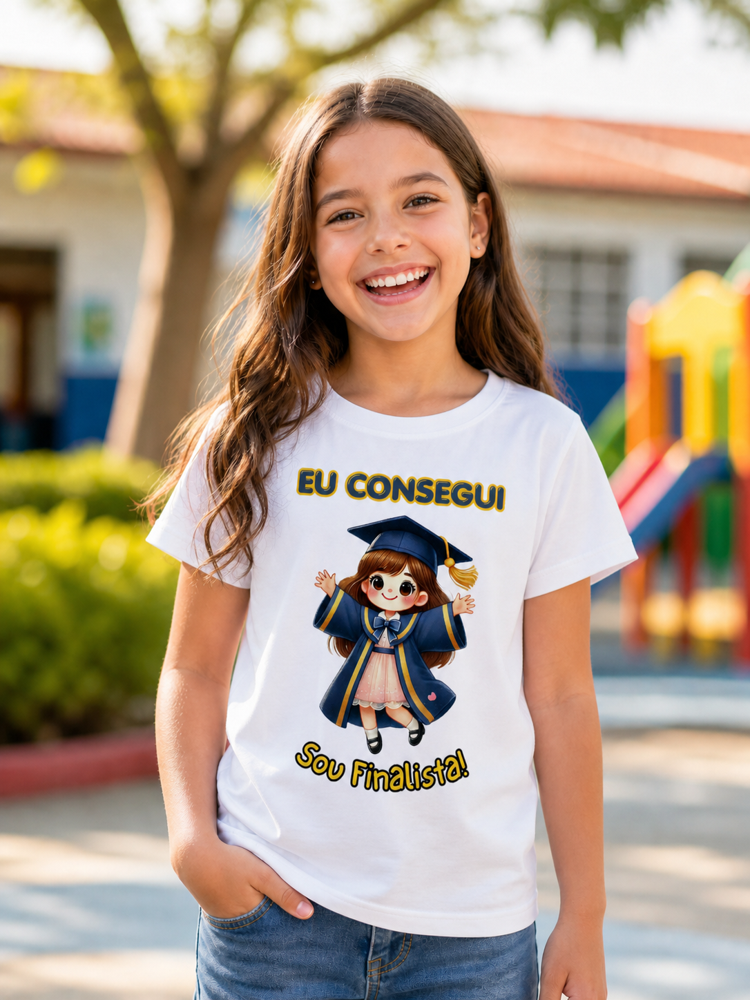 Camiseta branca com desenho de menina em bata de finalista e texto comemorativo vestida por criança