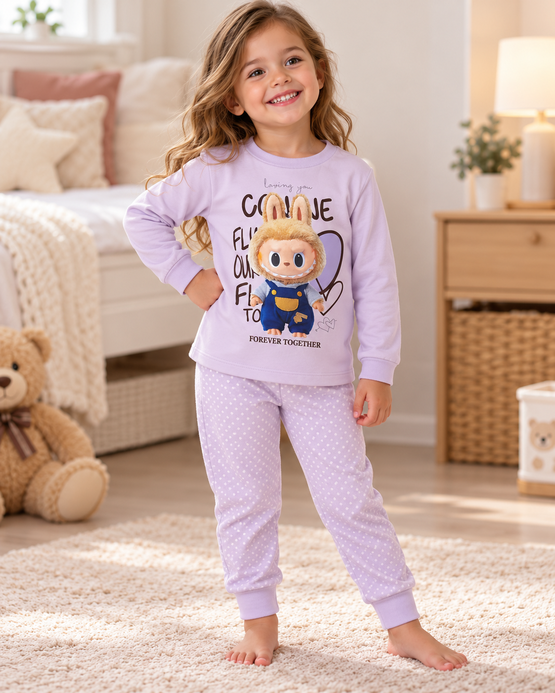 Menina com pijama lilás de boneco e texto em divisão aconchegante
