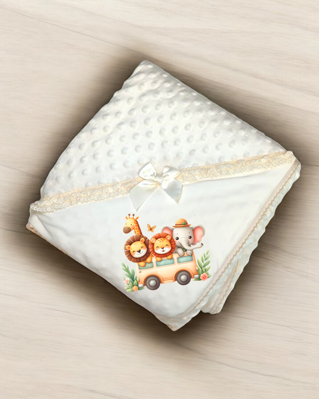 Manta branca para bebé com estampa de animais num autocarro