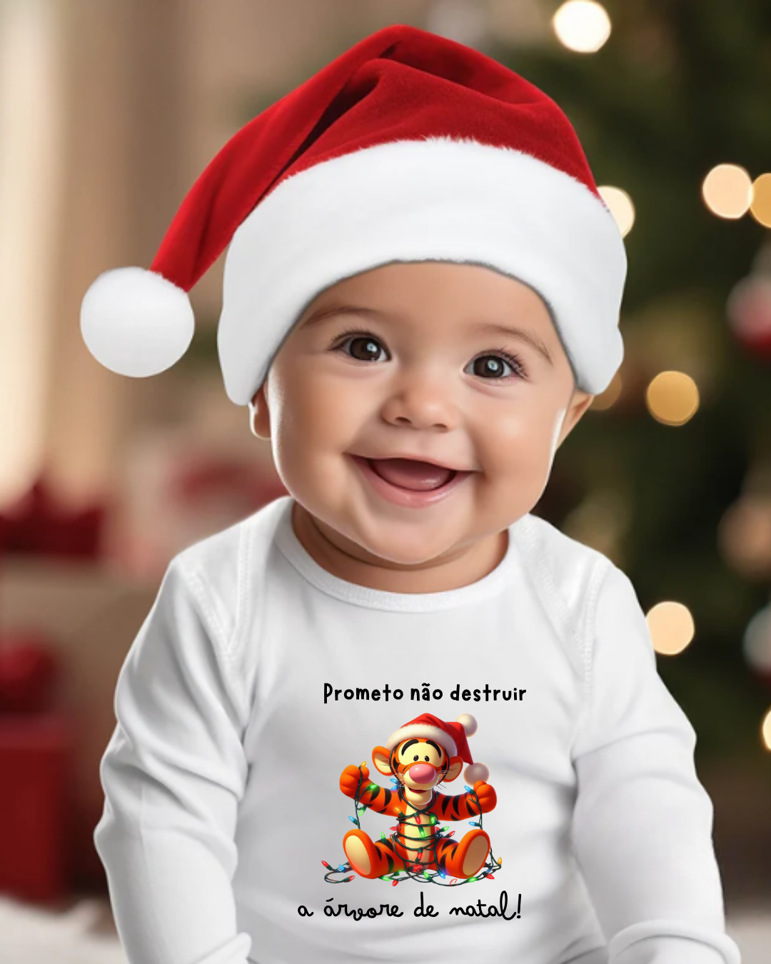Bebé com gorro de Natal e body branco com estampa de tigre e texto de Natal