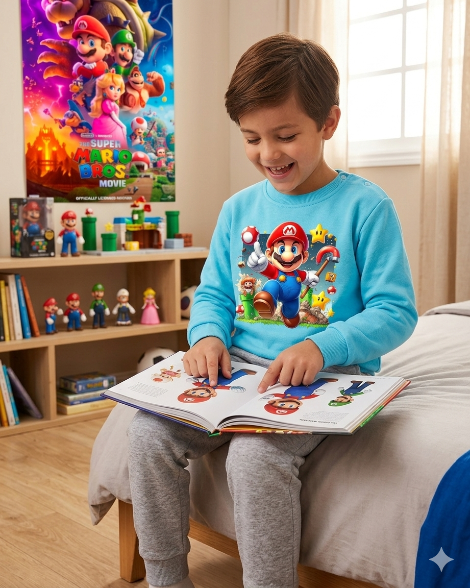Menino a ler livro de Mario Bros com casaco azul em quarto decorado com poster e brinquedos Mario Bros