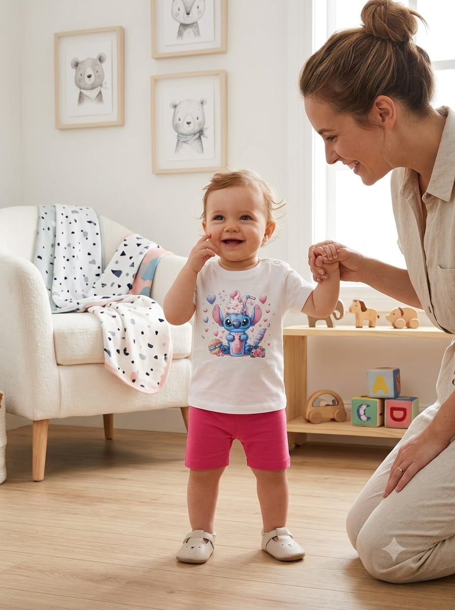 Criança em quarto infantil sorridente com t-shirt e calções coloridos