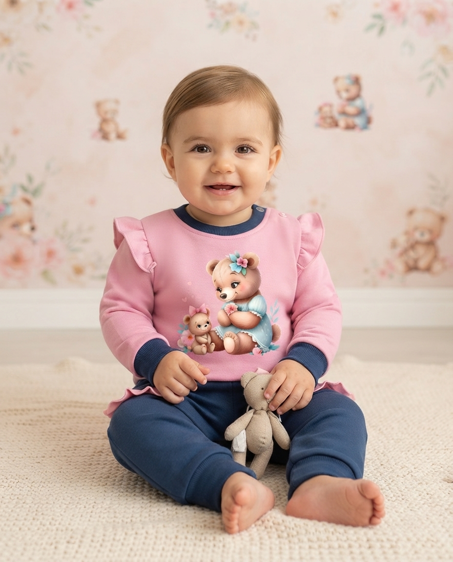 Bebé sorridente com roupa rosa e azul segurando peluche de ursinho, sentada em tapete claro.